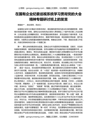在国有企业纪委巡视系统学习贯彻党的大会精神专题研讨班上的发言
