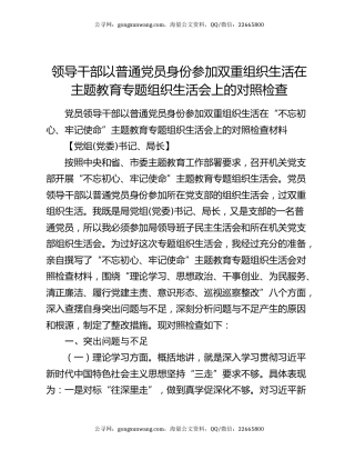 领导干部以普通党员身份参加双重组织生活在主题教育专题组织生活会上的对照检查