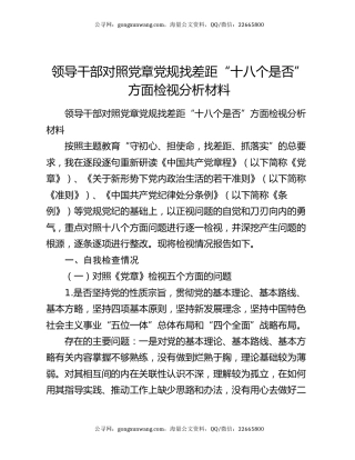 领导干部对照党章党规找差距“十八个是否”方面检视分析材料