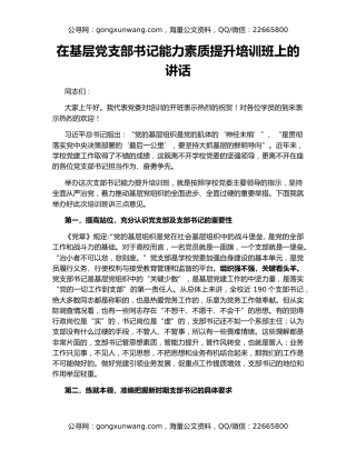 在基层党支部书记能力素质提升培训班上的讲话