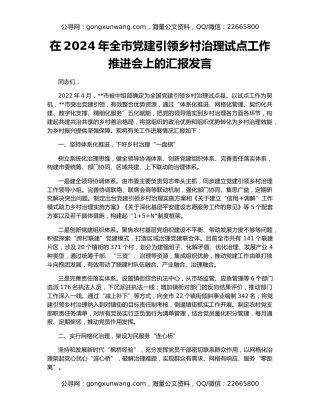 在2024年全市党建引领乡村治理试点工作推进会上的汇报发言