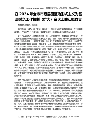 在2024年全市市级层面整治形式主义为基层减负工作机制（扩大）会议上的汇报发言