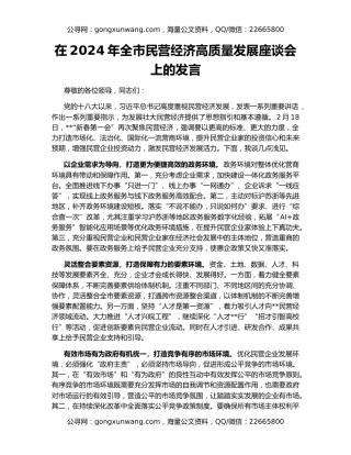 在2024年全市民营经济高质量发展座谈会上的发言