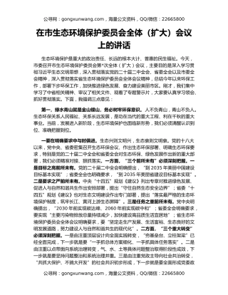 在市生态环境保护委员会全体（扩大）会议上的讲话