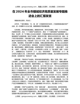 在2024年全市镇域经济高质量发展专题推进会上的汇报发言