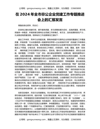 在2024年全市非公企业党建工作专题推进会上的汇报发言