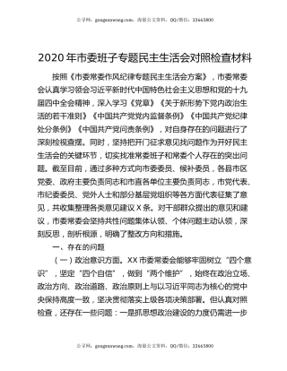 2020年市委班子专题民主生活会对照检查材料