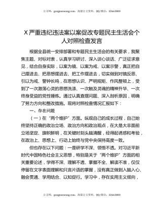 X严重违纪违法案以案促改专题民主生活会个人对照检查发言