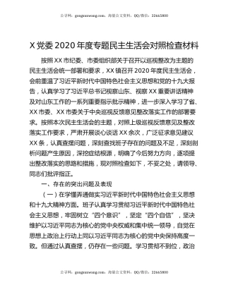 X党委2020年度专题民主生活会对照检查材料
