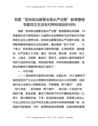 党委“坚持政治建警全面从严治警”教育整顿专题民主生活会对照检视剖析材料