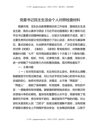 党委书记民主生活会个人对照检查材料