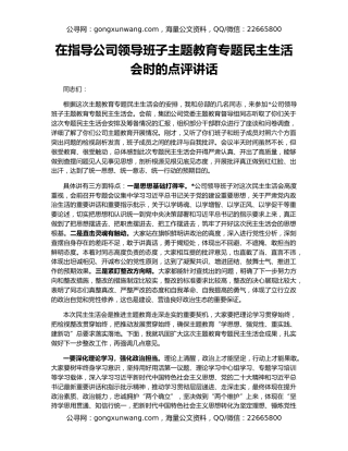 在指导公司领导班子主题教育专题民主生活会时的点评讲话