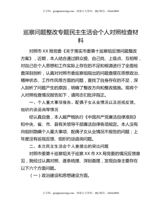 巡察问题整改专题民主生活会个人对照检查材料
