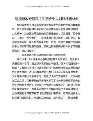 巡视整改专题民主生活会个人对照检查材料
