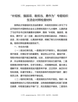 “补短板、强弱项、敢担当、勇作为”专题组织生活会对照检查材料