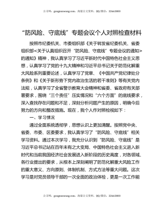 “防风险、守底线”专题会议个人对照检查材料