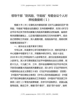 领导干部“防风险、守底线”专题会议个人对照检查提纲（1）
