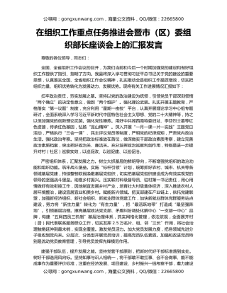 在组织工作重点任务推进会暨市（区）委组织部长座谈会上的汇报发言