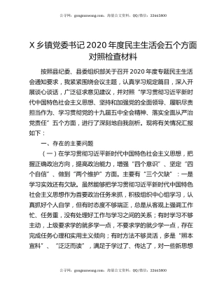 X乡镇党委书记2020年度民主生活会五个方面对照检查材料