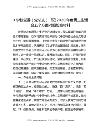 X学校党委（党总支）书记2020年度民主生活会五个方面对照检查材料