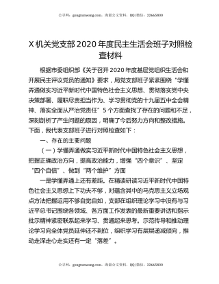 X机关党支部2020年度民主生活会班子对照检查材料