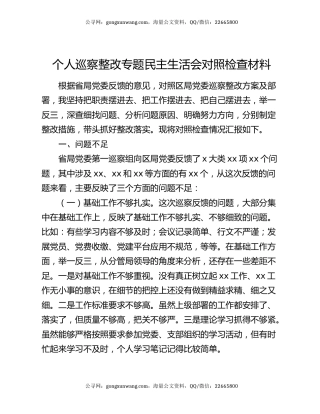 个人巡察整改专题民主生活会对照检查材料