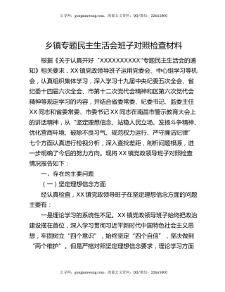 乡镇专题民主生活会班子对照检查材料