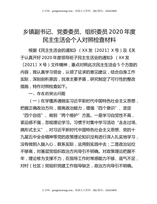 乡镇副书记、党委委员、组织委员2020年度民主生活会个人对照检查材料