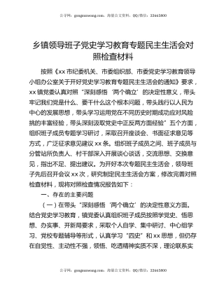 乡镇领导班子党史学习教育专题民主生活会对照检查材料