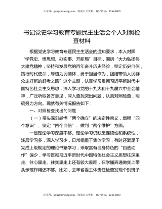 书记党史学习教育专题民主生活会个人对照检查材料