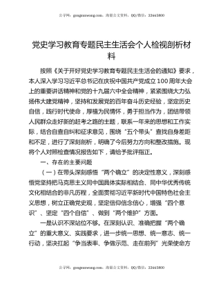 党史学习教育专题民主生活会个人检视剖析材料