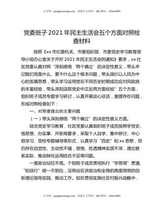 党委班子2021年民主生活会五个方面对照检查材料