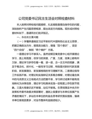 公司党委书记民主生活会对照检查材料