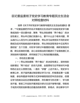 区纪委监委班子党史学习教育专题民主生活会对照检查材料