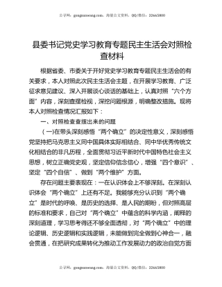 县委书记党史学习教育专题民主生活会对照检查材料