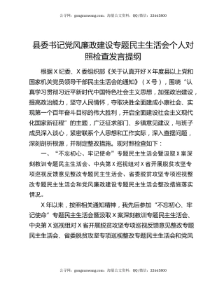 县委书记党风廉政建设专题民主生活会个人对照检查发言提纲