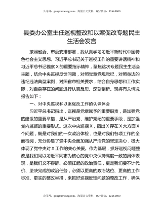 县委办公室主任巡视整改和以案促改专题民主生活会发言