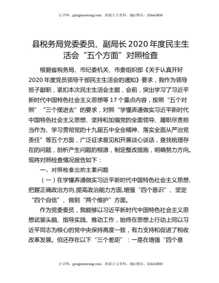 县税务局党委委员、副局长2020年度民主生活会“五个方面”对照检查
