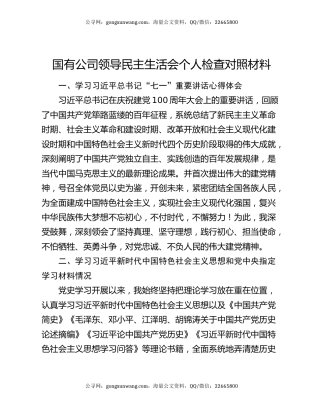 国有公司领导民主生活会个人检查对照材料