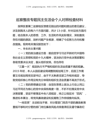 巡察整改专题民主生活会个人对照检查材料