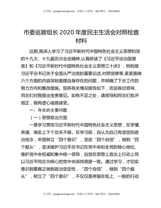市委巡察组长2020年度民主生活会对照检查材料
