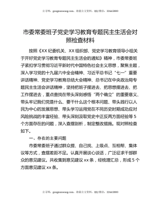 市委常委班子党史学习教育专题民主生活会对照检查材料