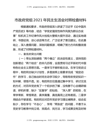 市政府党组2021年民主生活会对照检查材料