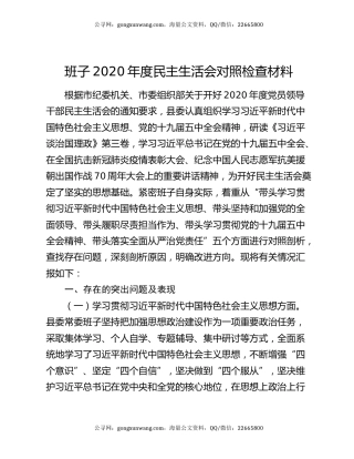 班子2020年度民主生活会对照检查材料
