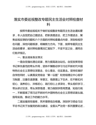 落实市委巡视整改专题民主生活会对照检查材料