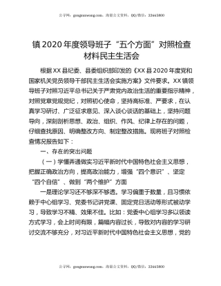 镇2020年度领导班子“五个方面”对照检查材料民主生活会