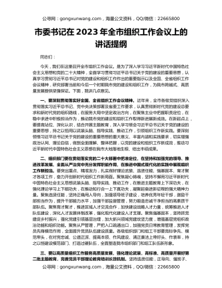 市委书记在2023年全市组织工作会议上的讲话提纲