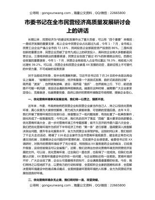 市委书记在全市民营经济高质量发展研讨会上的讲话