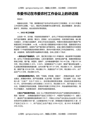 市委书记在市委农村工作会议上的讲话稿