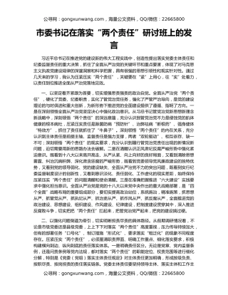 市委书记在落实“两个责任”研讨班上的发言